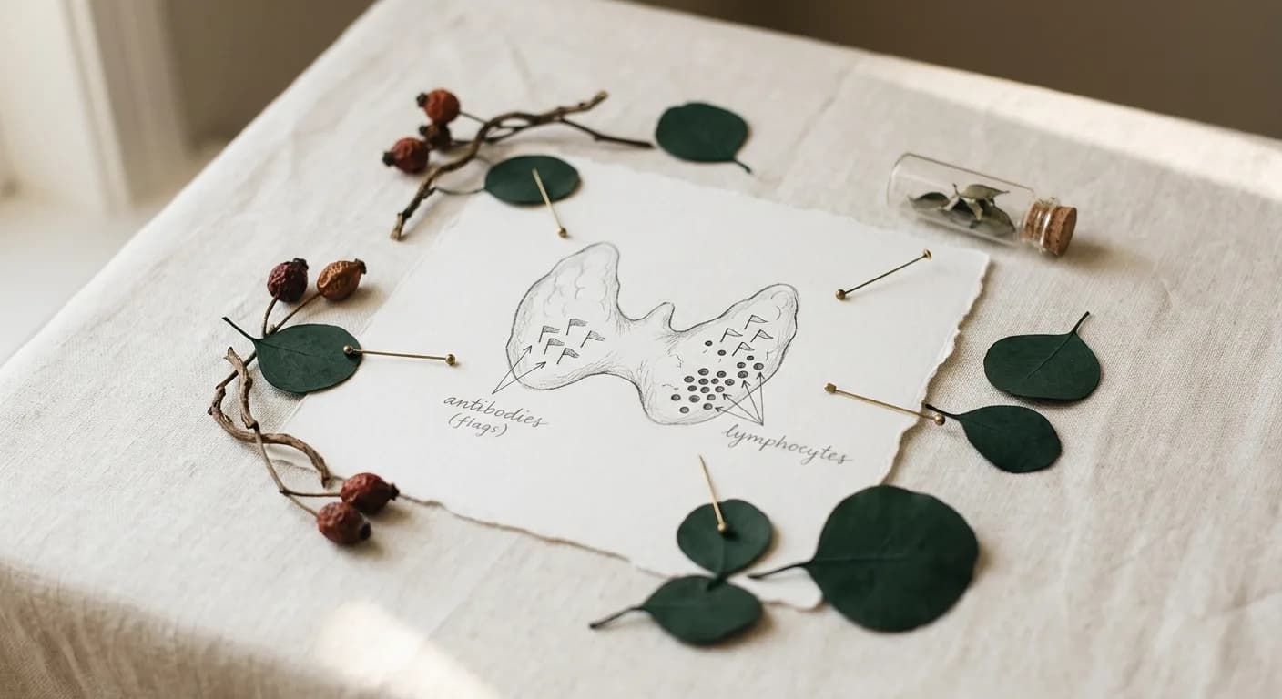 Pencil sketch of a thyroid gland on deckled paper explaining Hashimoto's antibodies and lymphocytes, surrounded by eucalyptus leaves and brass pins on a linen surface.