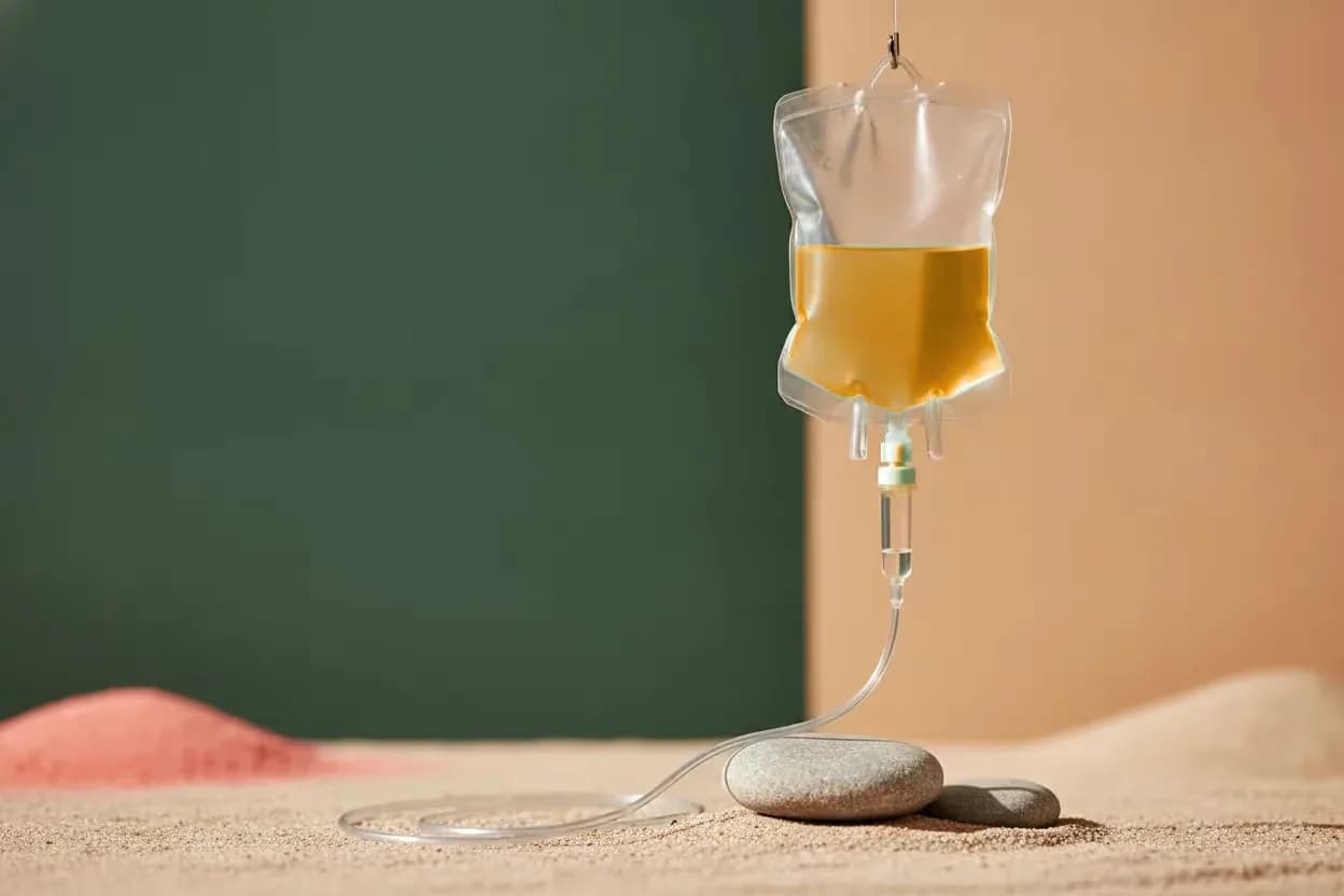 A glass of yellow-orange liquid with a stem resting horizontally on a light beige surface alongside a small stone.