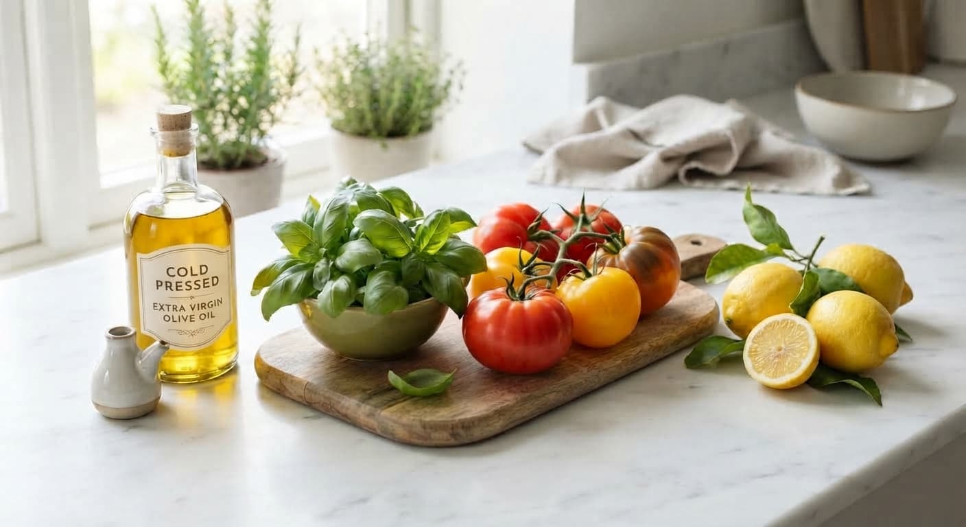 Fresh Mediterranean diet ingredients including extra virgin olive oil, fresh basil, vibrant tomatoes, and lemons on a marble countertop for an integrative cancer care blog post.