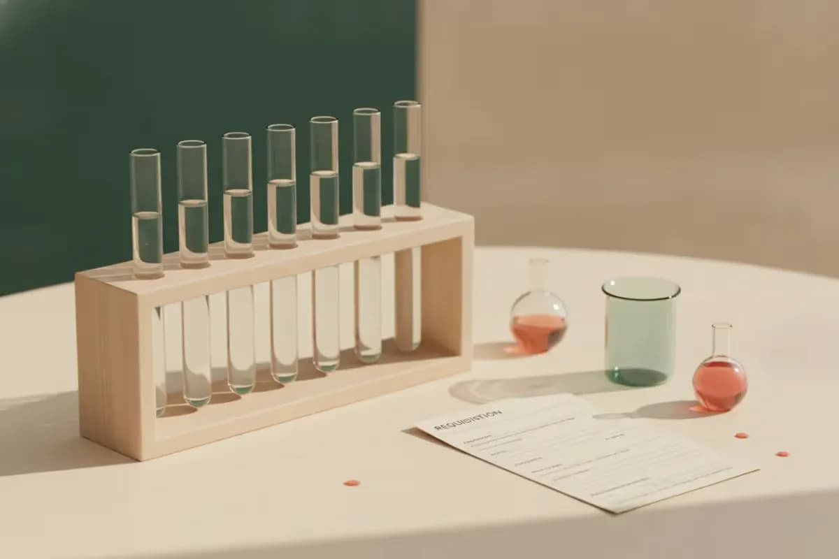 A warm, neutral-toned tabletop displaying laboratory equipment, including a wooden test tube rack filled with clear test tubes, a glass beaker containing a amber liquid, a notebook, and test tubes resting on a tray in soft natural light.