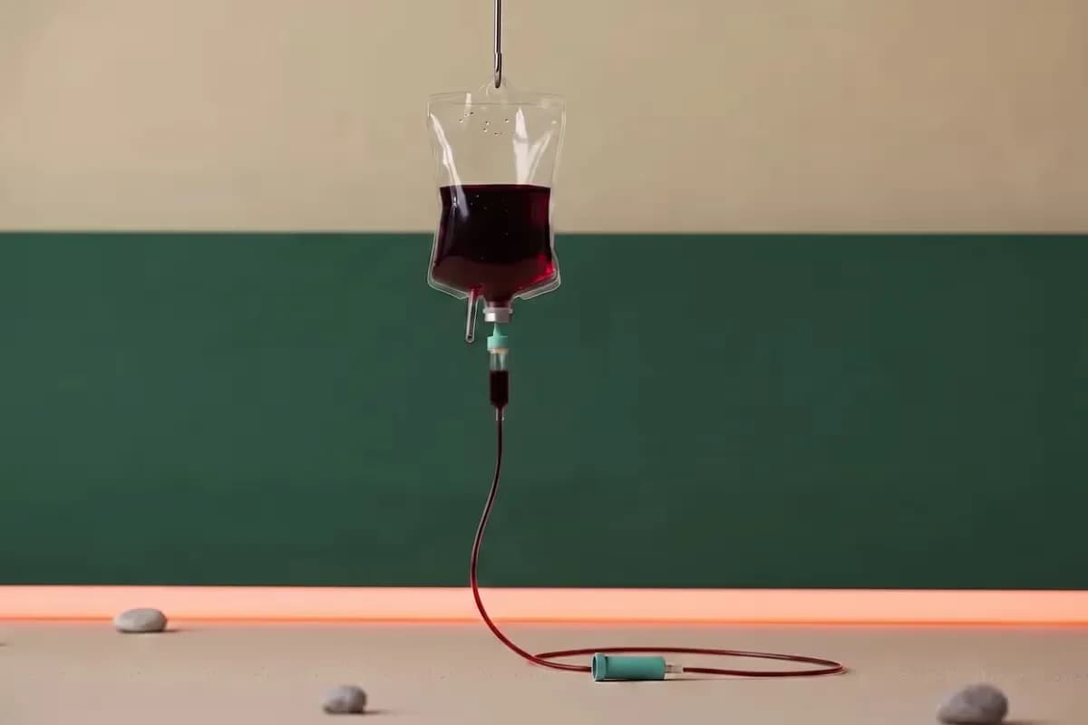 IV iron bag filled with dark reddish-brown liquid hanging against a green and cream background