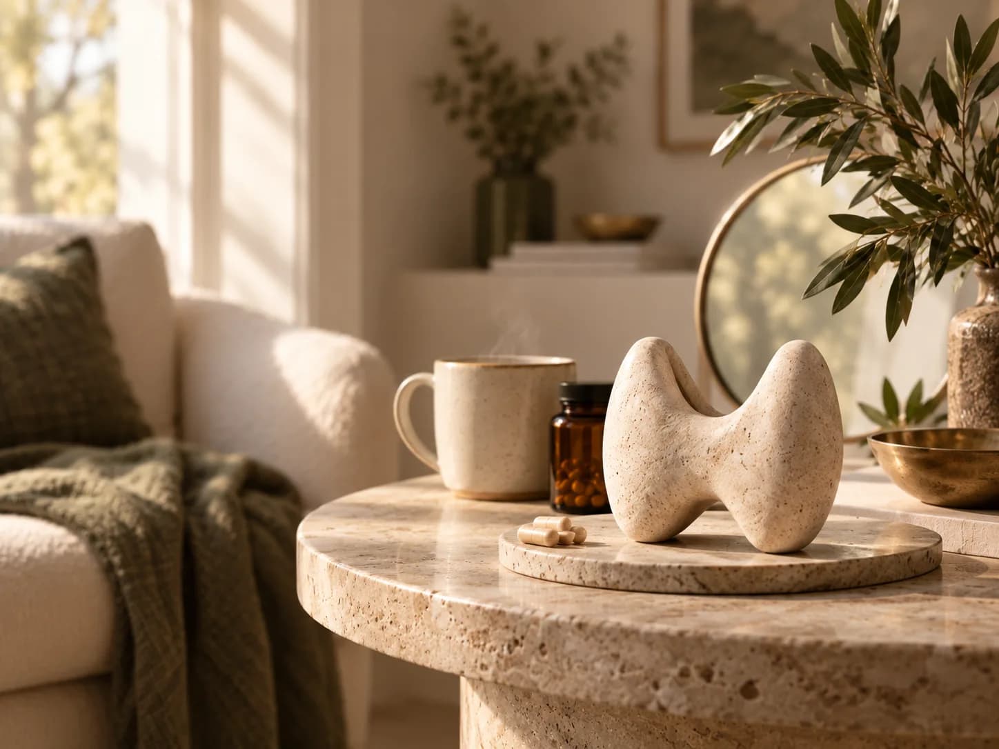 Warm editorial still life in a softly lit neutral interior featuring a sculptural thyroid form as the focal point on a stone table, alongside a mug, supplement bottle, mirror, and olive branches, representing the connection between thyroid health, mood, and anxiety.