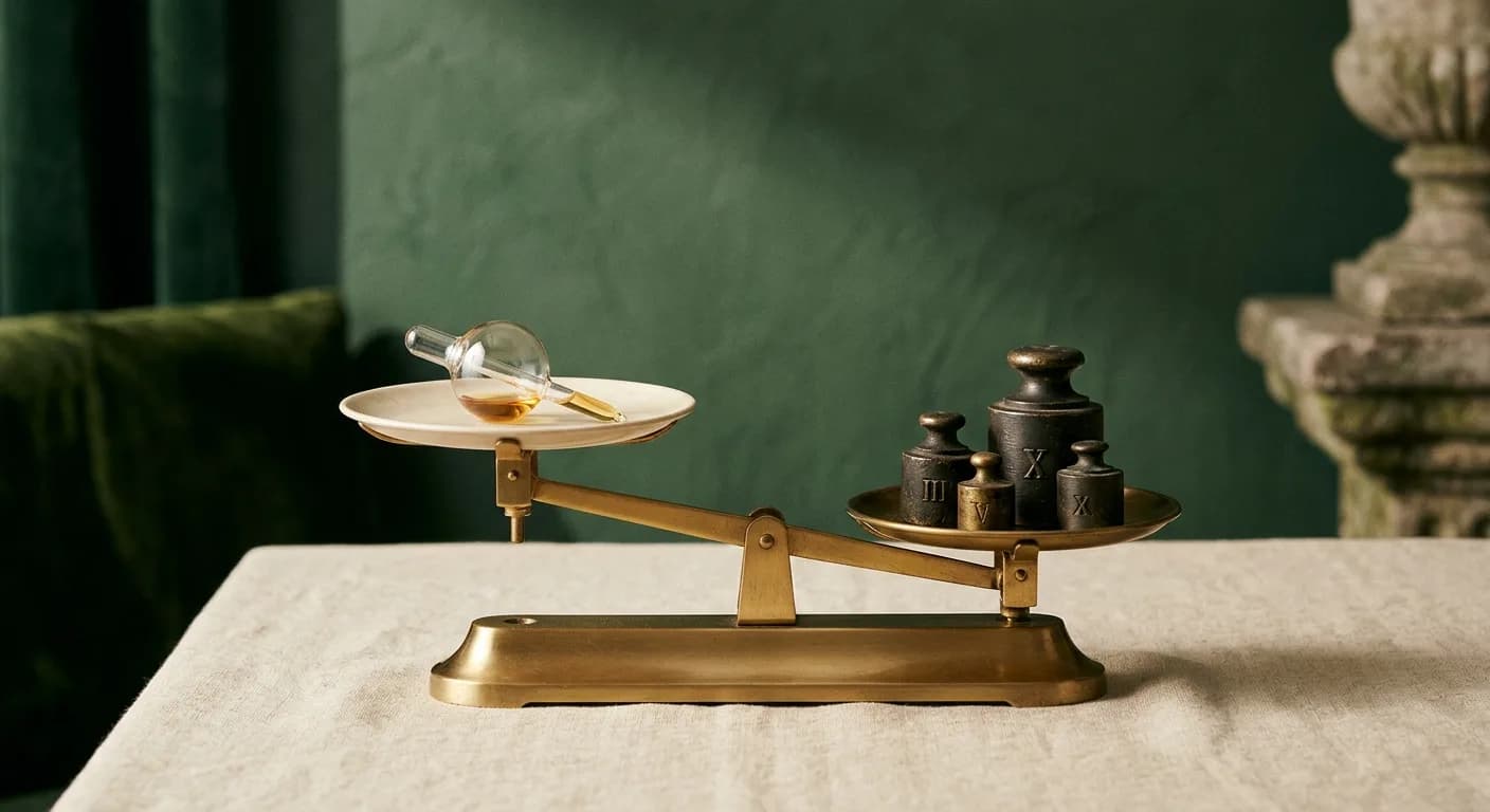 A minimalist brass balance scale on a warm linen tablecloth set against a deep green backdrop, with a delicate glass ampoule on the higher pan offset by heavy brass weights on the lower pan.