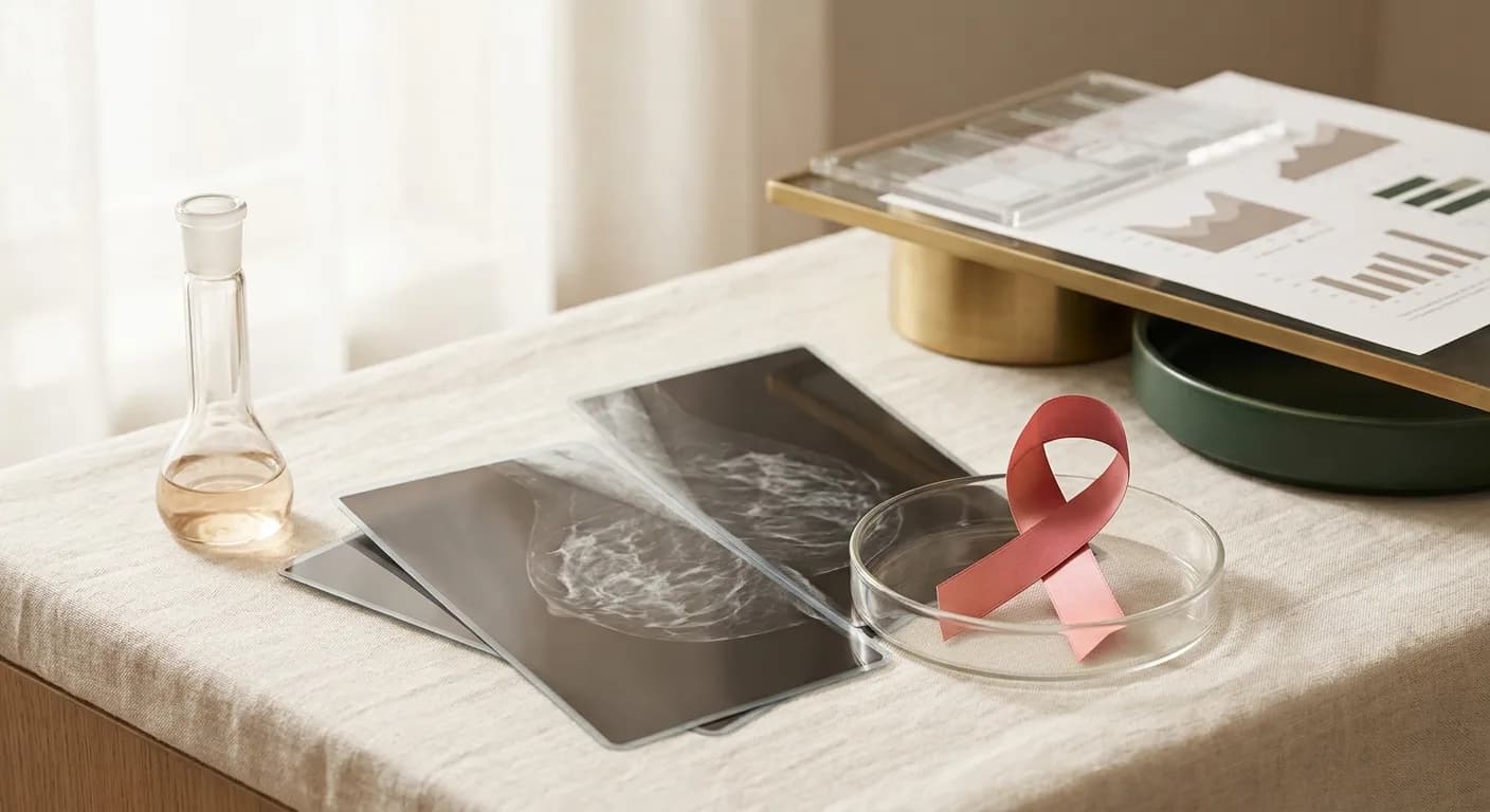 Editorial still life photograph of a refined clinical desktop arrangement, featuring a prominent pink cancer awareness ribbon displayed in a clear glass petri dish. The ribbon is positioned next to visible mammography film translucencies and a small glass clinical flask. In the softly blurred background are a diagnostic slide tray and medical charts with abstract data. The scene is rendered in warm neutral earth tones and soft natural light for JOSIE Naturopathic Clinic.
