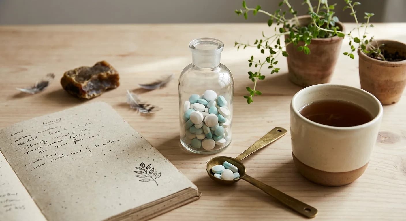 An editorial flat lay on a light wood surface featuring an open, handwritten wellness journal, a glass apothecary jar of blue and white pills, a vintage brass spoon with pills, potted thyme herbs, and a ceramic cup of dark tea, illustrating natural and conventional thyroid treatment options.