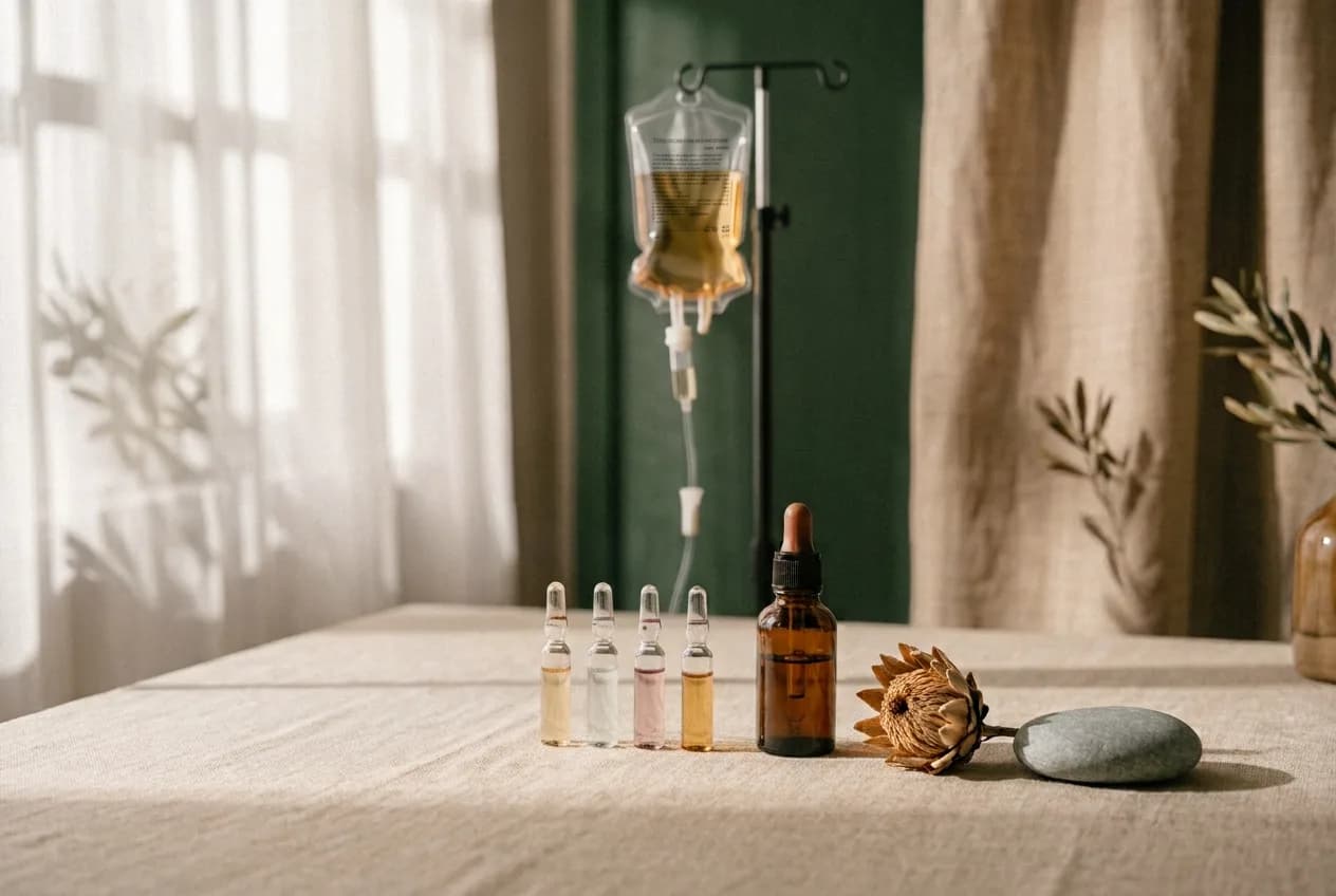 An editorial still life photograph on a linen surface featuring five focused glass ampoules, an amber dropper bottle, a stone, and a botanical seed pod. In the background, a distinct IV bag containing golden fluid is visible. Soft natural window light with olive branch shadows bridges clinical precision with grounded, warm wellness. Shot for a blog post on targeted IV therapy.